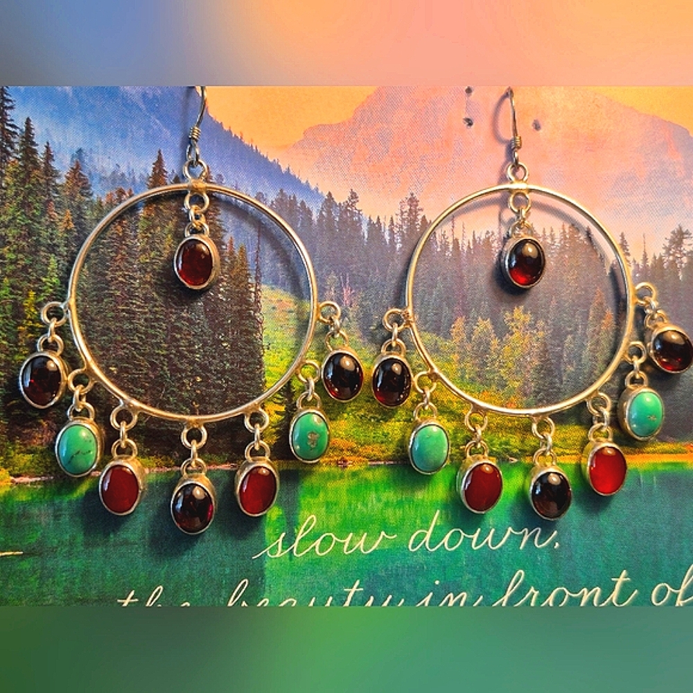 Vintage Boho Sterling Hoop Earrings With Beautiful Multicolored Gemstones